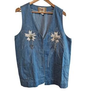 Vintage Cactus Denim Vest Womens Medium Blue Tassels Cottage Western Country